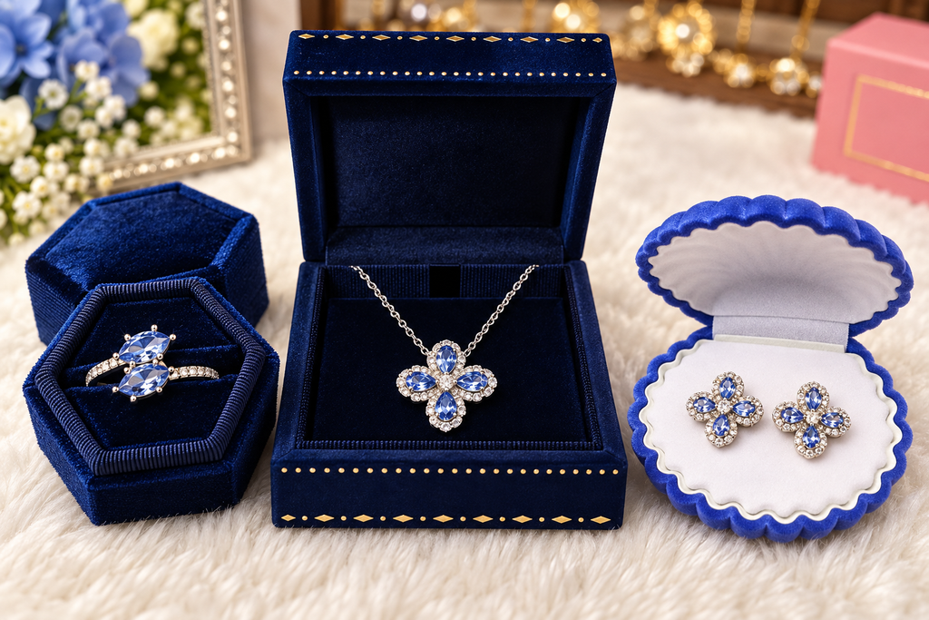 Silver Necklace- Blue Crystal Blossom Jewelry Set - From $24.95