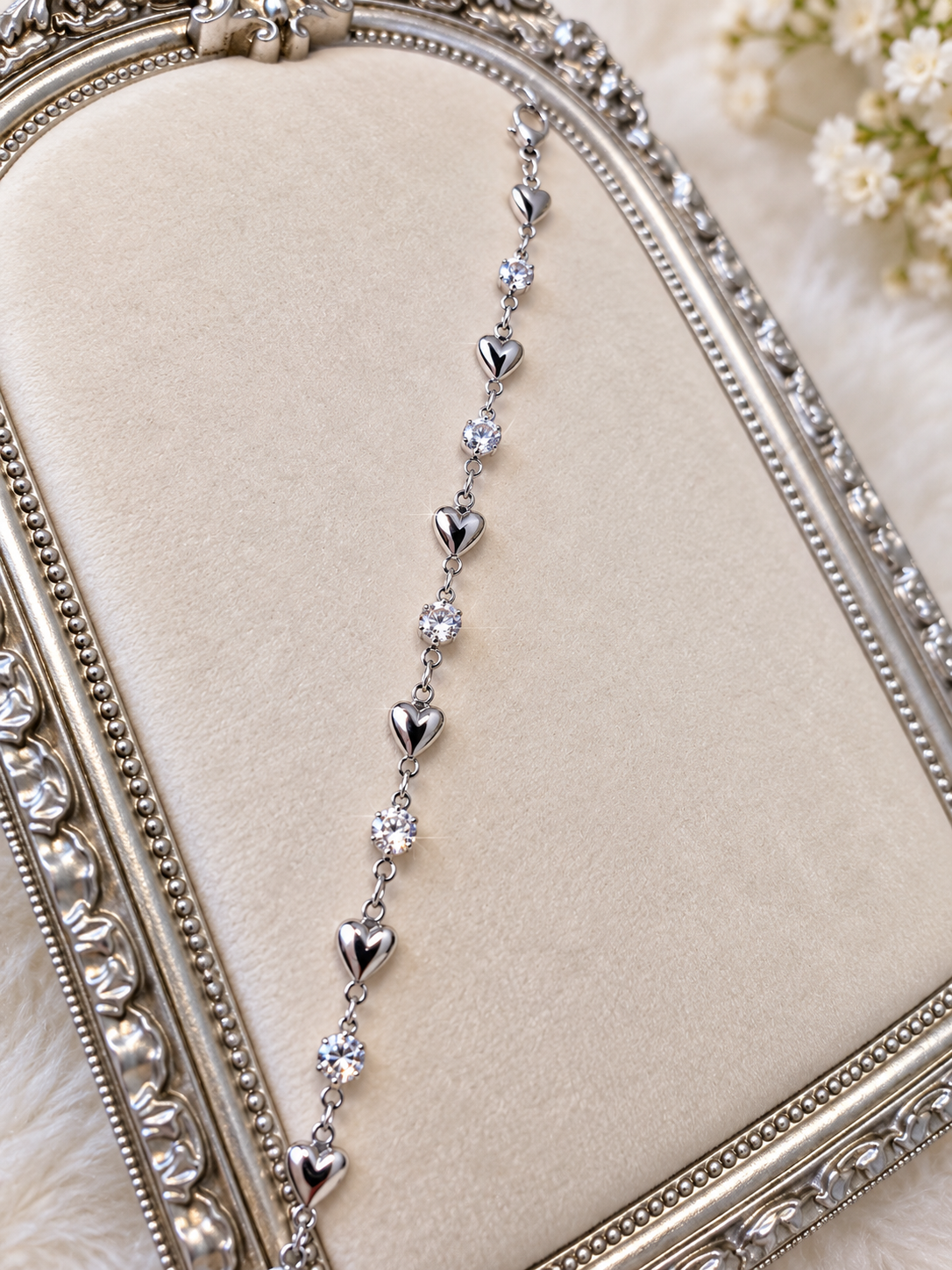 Silver-Plated Stainless Steel Heart & Crystal Bracelet