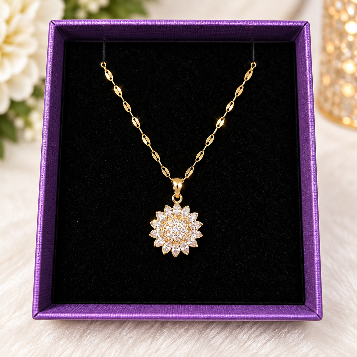 Golden Sunflower Spinner Pendant Necklace