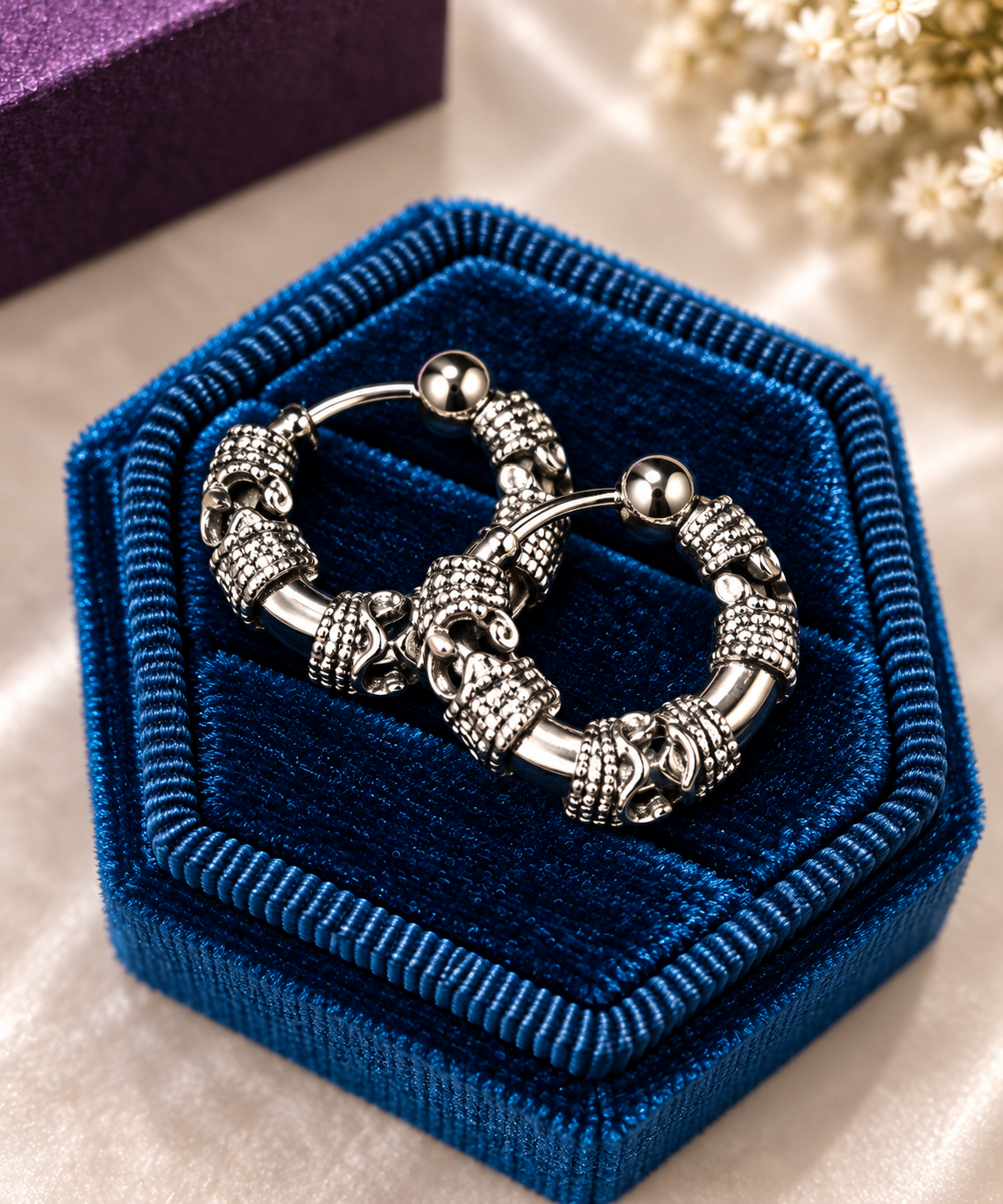Vintage Silver or Gold Ornate Hoop Earrings