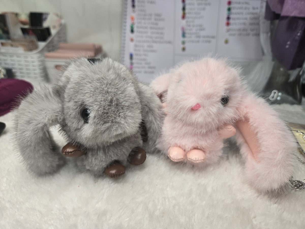 Cute Plush Bunny Keychain with Gold Ring – Soft Fluffy Rabbit Bag Charm
