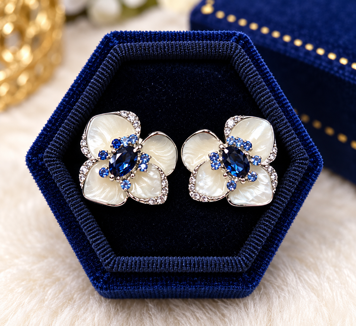 Midnight Bloom Blue & Pearl Floral Earrings
