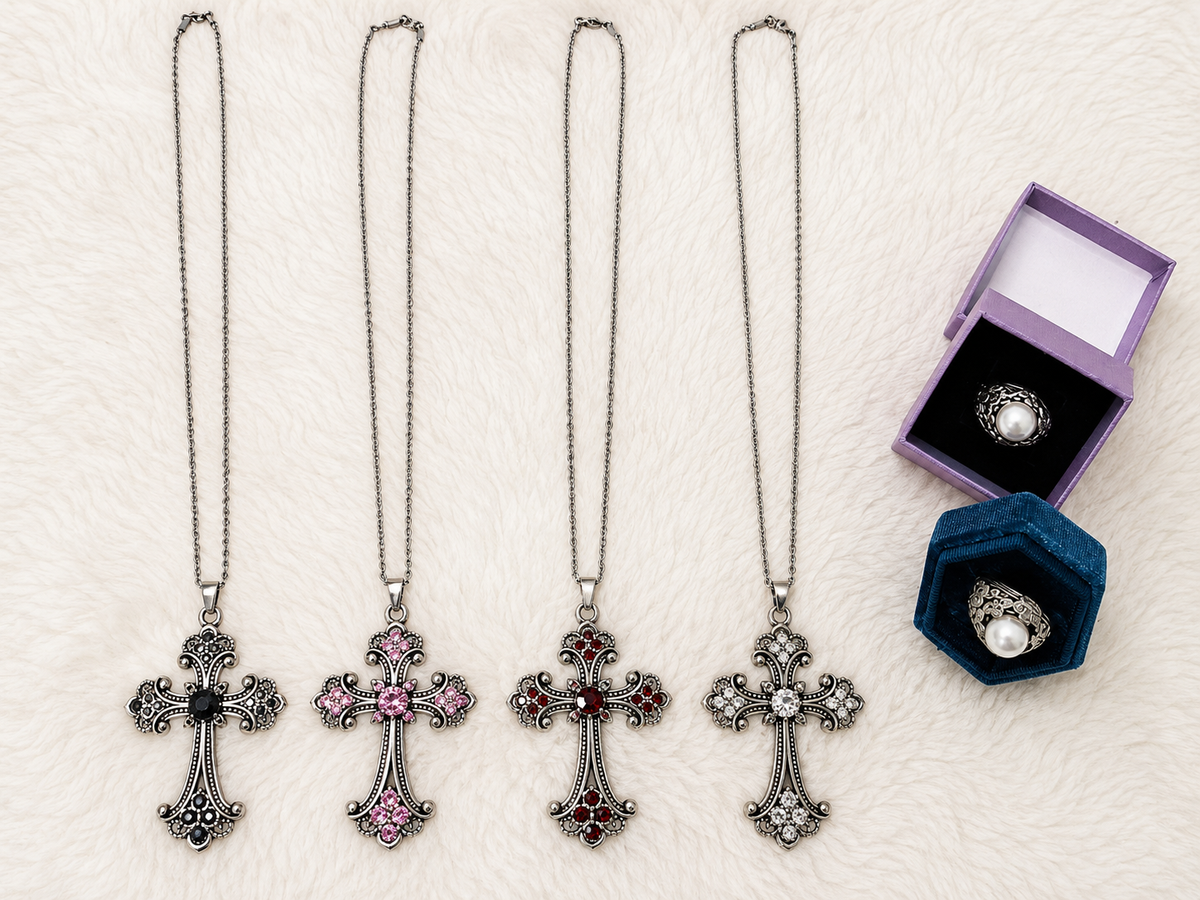 Vintage Crystal Cross Stainless Steel Necklace