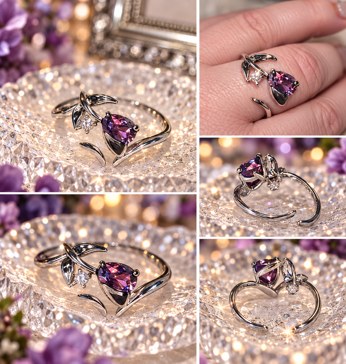 Purple Blossom Adjustable Silver Ring – Elegant Floral Design