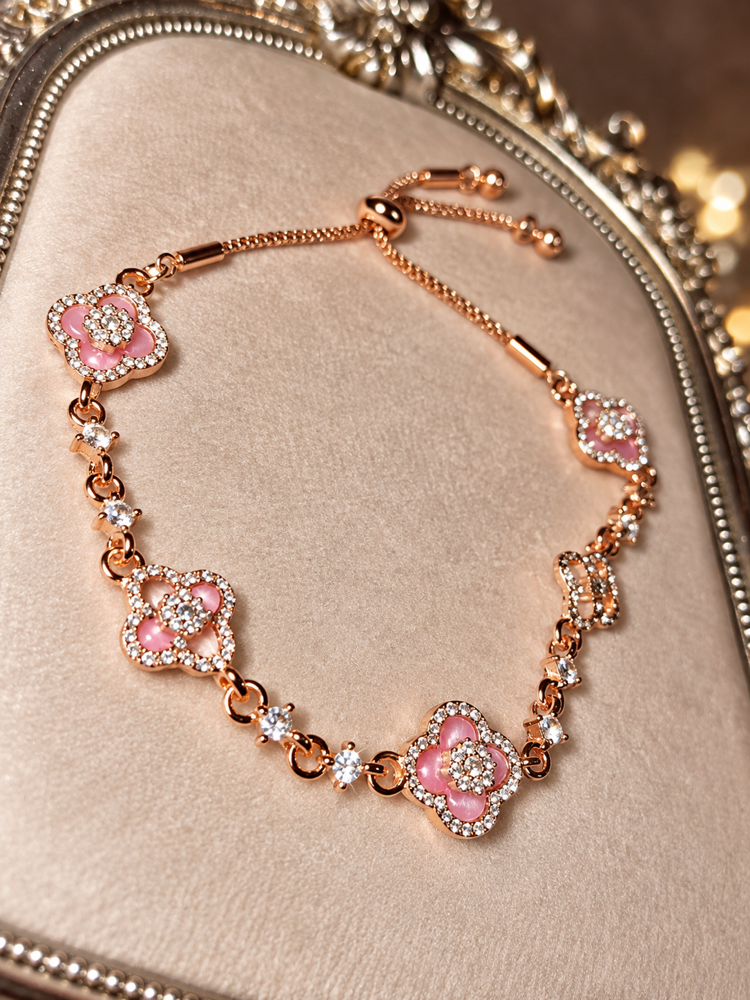 Rose Gold Stainless Steel Pink Blossom Adjustable Bracelet