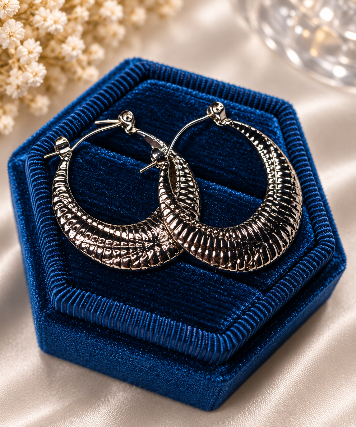 Luna Crescent Textured Hoop Earrings – Silver Tone